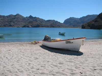 Fishing Panga on the beach at Aqua Verde, Baja California Sur, Mexico