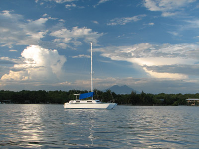 Searunner 31 trimaran anchored in Estero de Jaltepeque aka Bahia del Sol, El Salvador