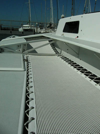 view of installed custom mutihull trampolines on Searunner 31