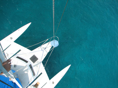 Searunner 31 from the top of the mast. Blue hole, Lighthouse reef, Belize