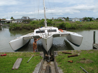 searunner 31 trimaran positioned on the haul out skid