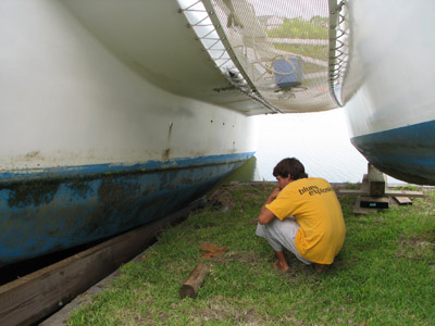 inspecting the bottom of the main hull