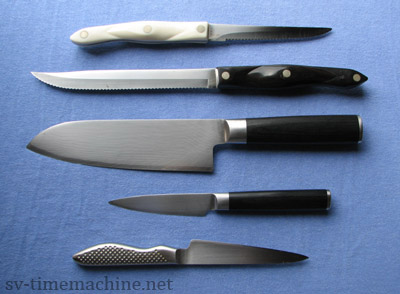 knives: Cutco Trimmer, Cutco Petit Carver, Shun Santoku, Shun Paring, Global Pro Paring