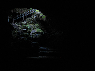 Stairs leading down into Ape Cave Lave Tube from below