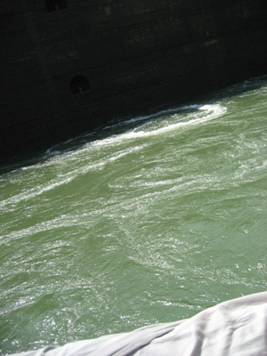 turbulent water. Miraflores Locks, Panama Canal