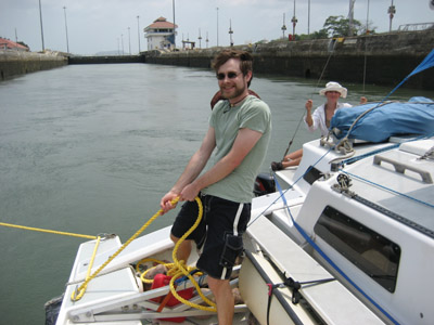 Ben Handling the lines. Pedro Miguel Locks. Panama Canal